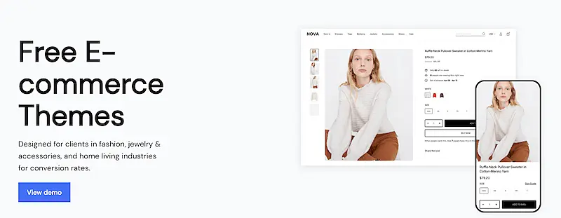 The image show Shoplazza website screen where it's written "Free e-commerce themes". 
