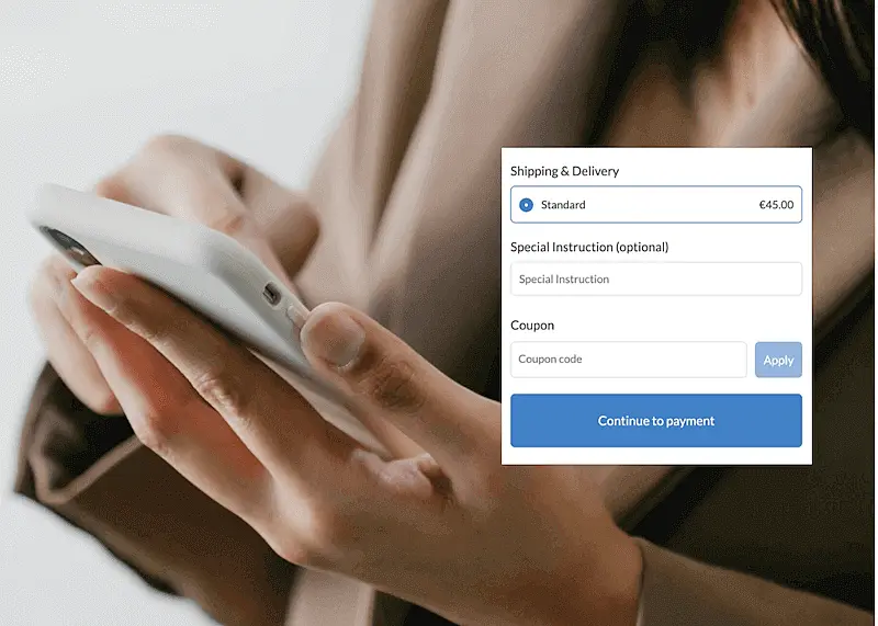 The image shows a woman holding a smartphone on the background, and in forn there is a shipping & delivery box showing the shipping rate.