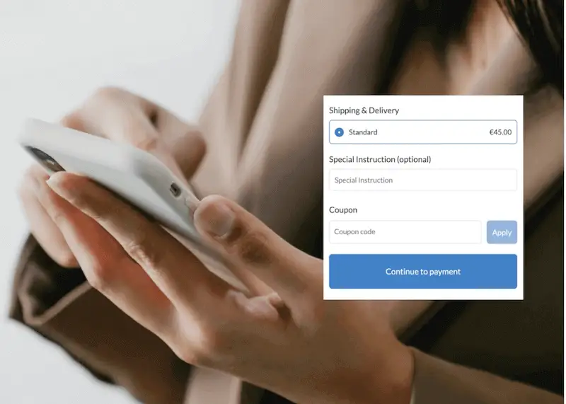 The image shows a woman holding a smartphone on the background, and in forn there is a shipping & delivery box showing the shipping rate.