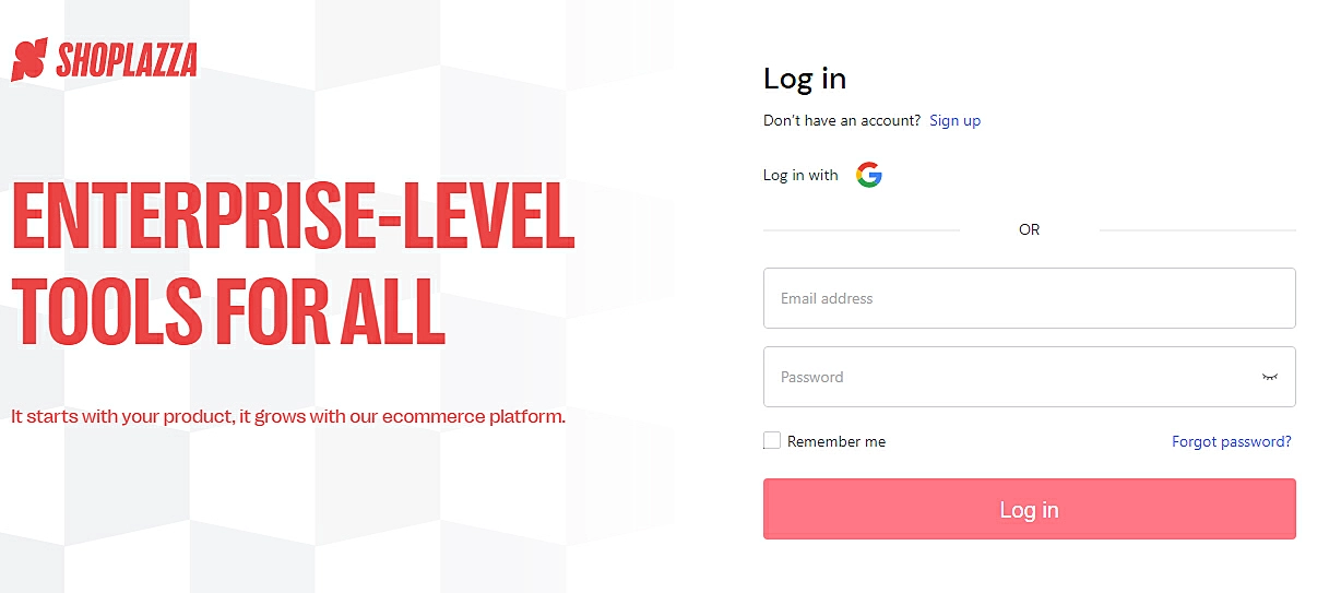 Tela de login da Shoplazza
