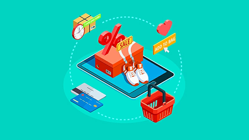 Ilustração de um carrinho de compras na tela de um notebook