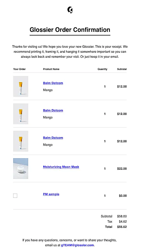 The image shows Glossier  order confirmation email