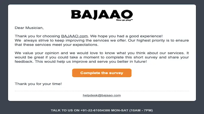 The image shows the message Bajaao sent to its customers thanking them and asking to complete a survey.