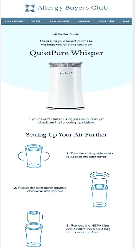 The image swhos Allergy Byyers Club thank you email with a guide about how to use the Quiet Pure Whisper