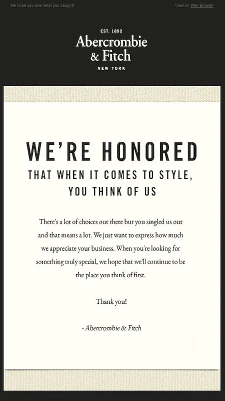 The image shows Abercrombie & Fitch thank you for your order email