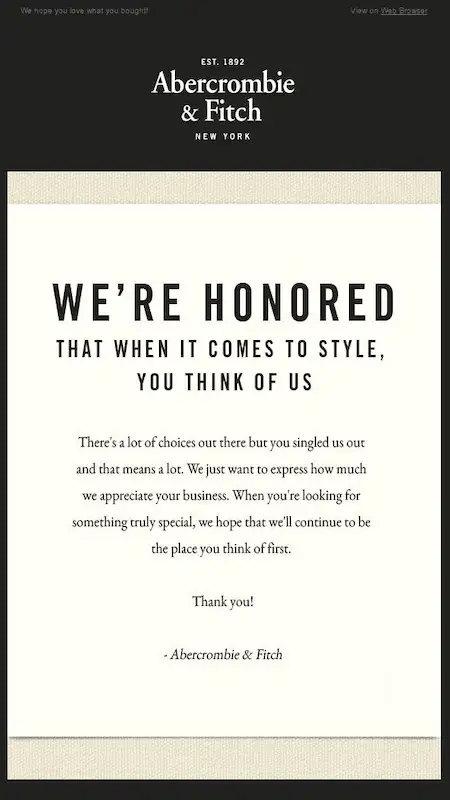 The image shows Abercrombie & Fitch thank you for your order email