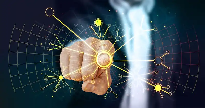 AI Marketing uses THe image shows someone touching a screen where it appears several connections.
