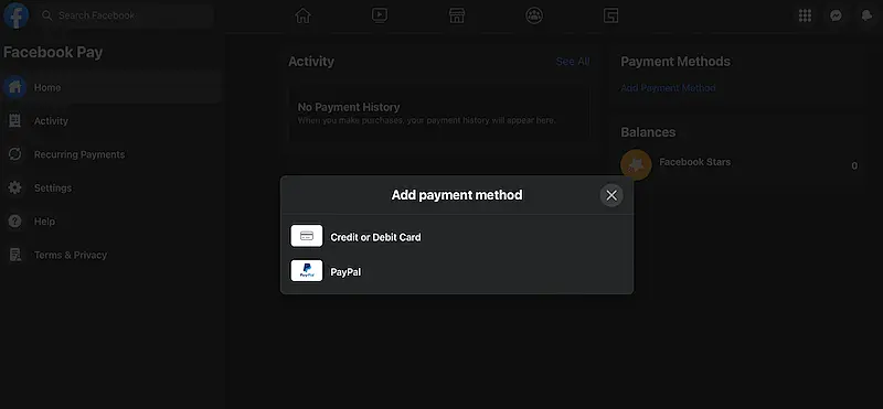Facebook menu showing the screen where you add the payment method