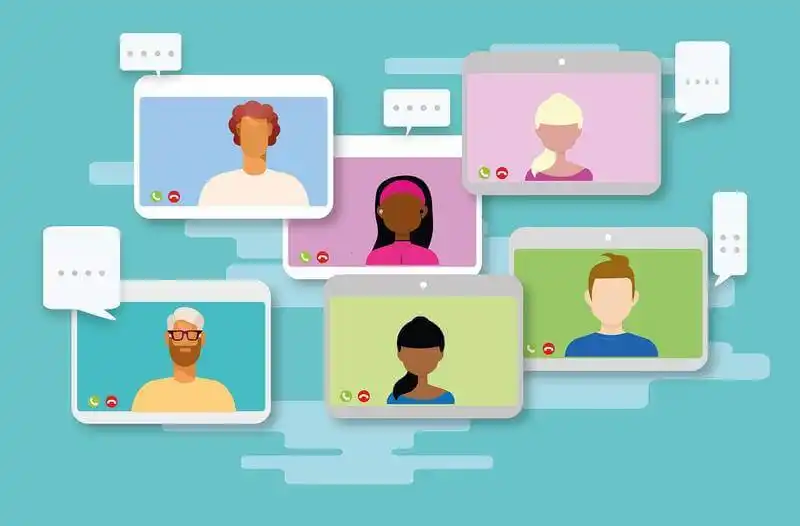 Webinar types The images shows an illustration of 6 computer screens, in each one there is a person's face.