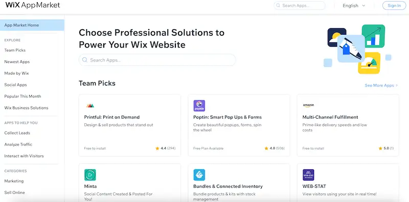 Wix website builder - integrations Wix app market page