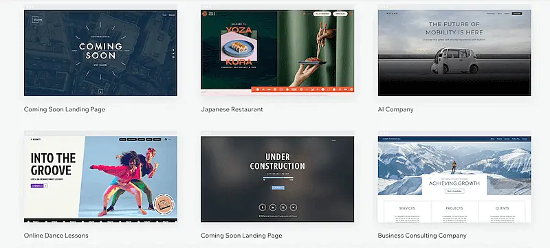 The image shows somw of the Wix website templates