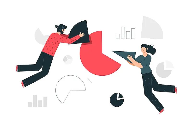 The image shows a man and a woman holding pieces of pie chart.