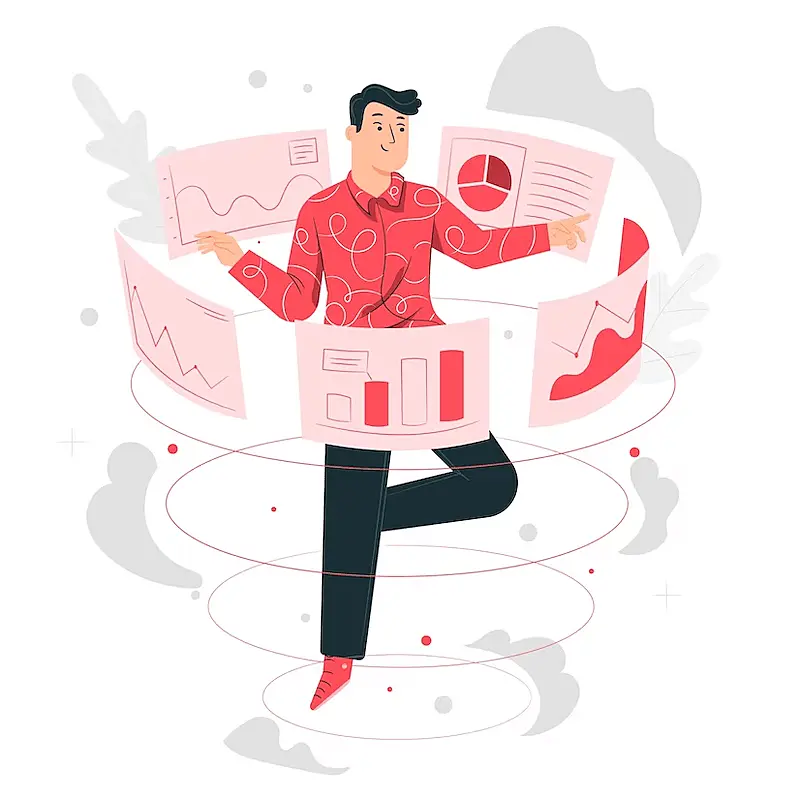 The image shows a man surrounded by images of charts.