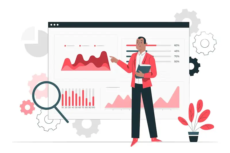 The image shows a man in front of a screen full of charts. 