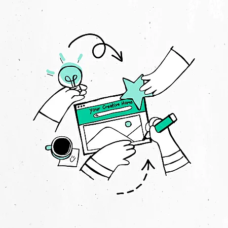 Desenho de várias mãos segurando um desenho e um lapis e uma xícara de café ao lado.