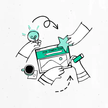 Agência de Branding Desenho de várias mãos segurando um desenho e um lapis e uma xícara de café ao lado.