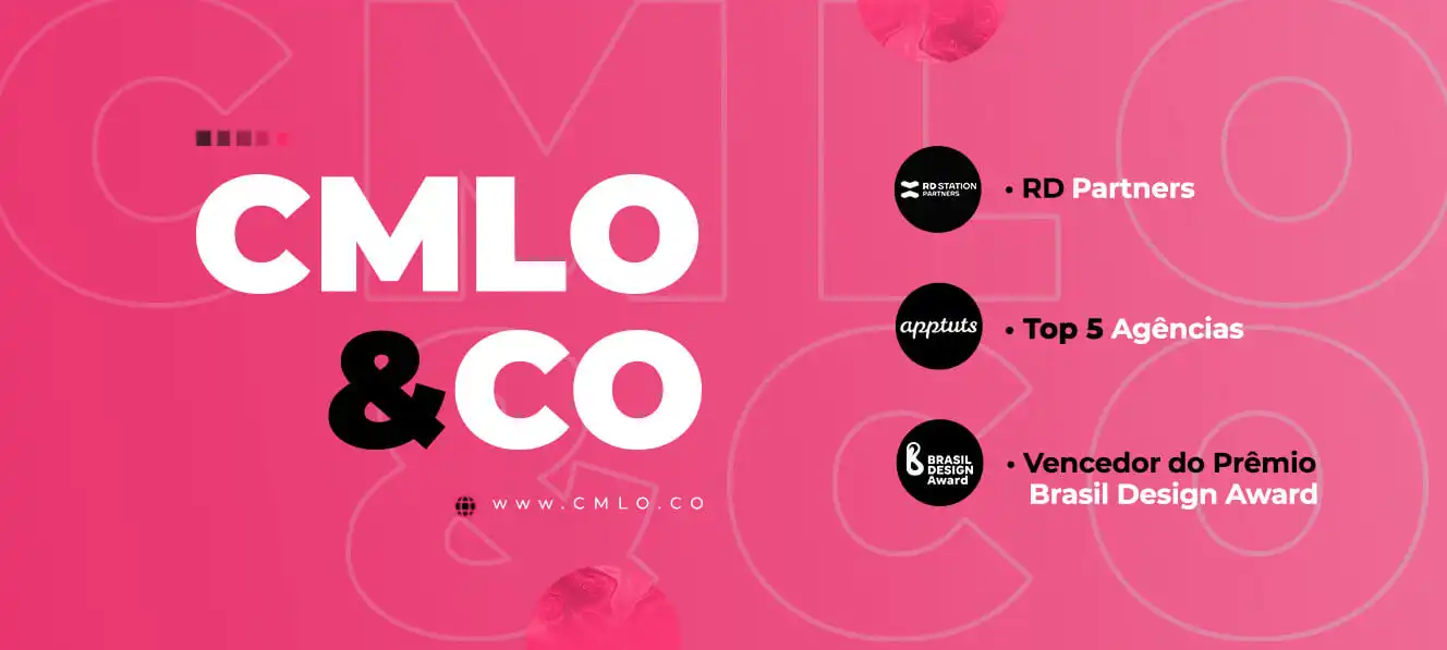 Banner da agência CMLO&CO destacando suas conquistas como parceira da RD, Top 5 agências e Vencedor do Prêmio Brasil Design Award