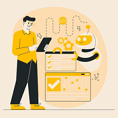 Ilustração de um homem usando um tablet e um robo ao lado auxiliando a configurar páginas