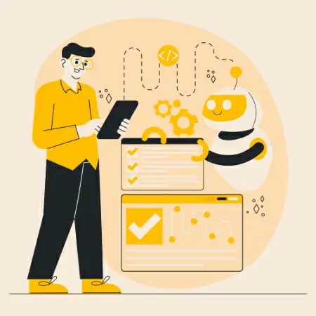 Ilustração de um homem usando um tablet e um robo ao lado auxiliando a configurar páginas