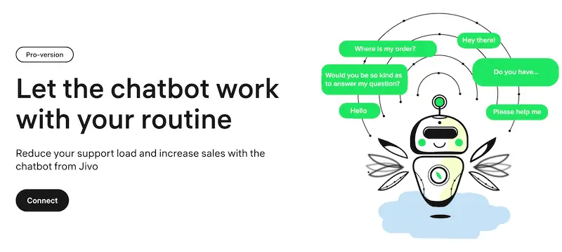 AI chatbots - JivoChat The image shows a robot with several dialogue baloons around it.