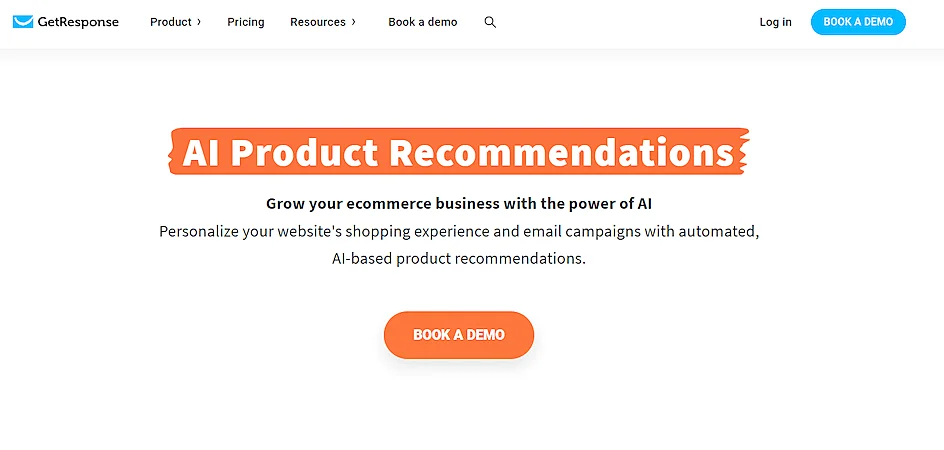 GetResponse webpage showcasing AI Product Recommendations with headline, description, and a ‘Book a Demo’ button.