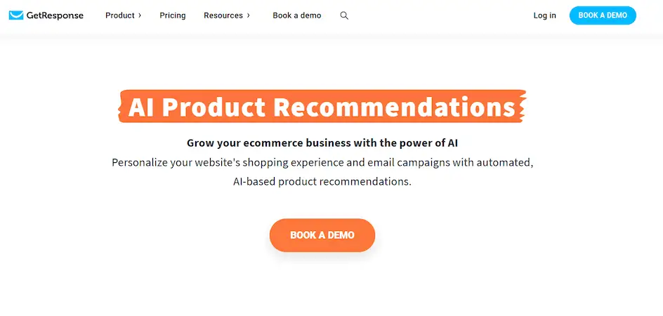 GetResponse webpage showcasing AI Product Recommendations with headline, description, and a ‘Book a Demo’ button.