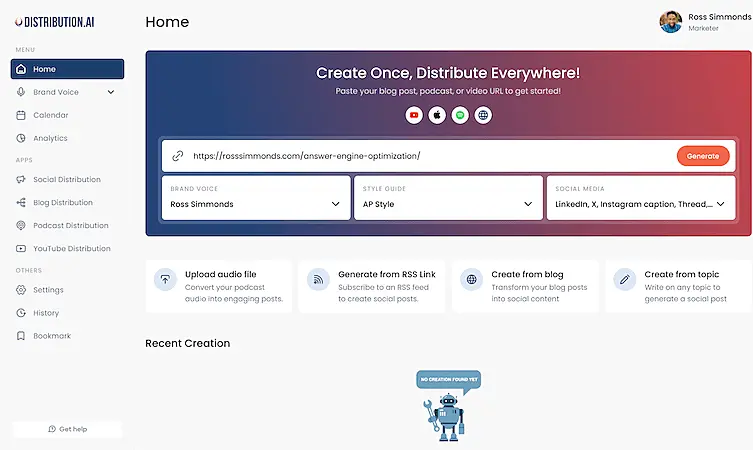 Distribution.ai dashboard displaying content distribution tools, brand voice settings, social media options, and recent creations section.