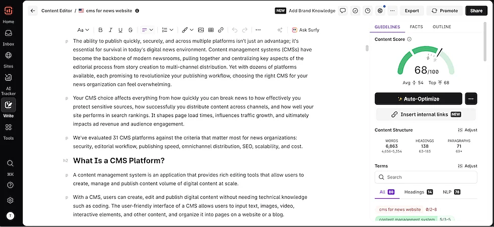 SurferSEO content editor interface showing article text, content score meter, optimization suggestions, and word count details.