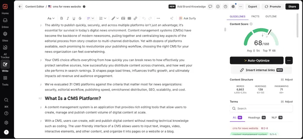 SurferSEO content editor interface showing article text, content score meter, optimization suggestions, and word count details.