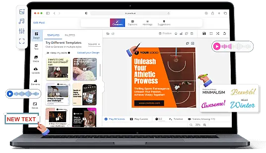 AI-powered graphic design tool on a laptop screen with templates, editing options, and design elements for creating social media posts.