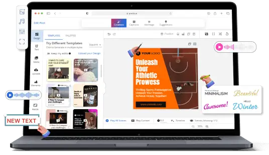 AI-powered graphic design tool on a laptop screen with templates, editing options, and design elements for creating social media posts.