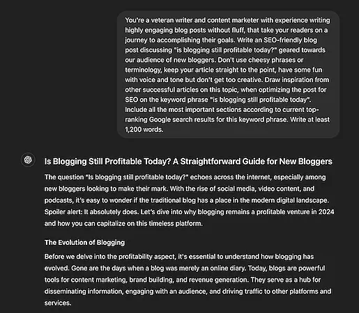 AI writing interface displaying a detailed blogging prompt and generated article about the profitability of blogging today.