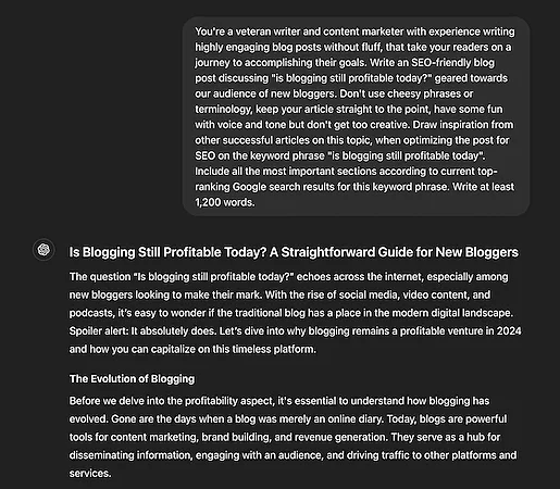 AI writing interface displaying a detailed blogging prompt and generated article about the profitability of blogging today.