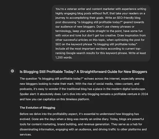 AI writing interface displaying a detailed blogging prompt and generated article about the profitability of blogging today.