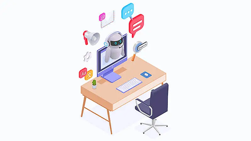 ilustração de um robô usando um notebook e vários ícones de redes sociais