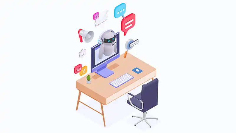 AI marketing ilustração de um robô usando um notebook e vários ícones de redes sociais