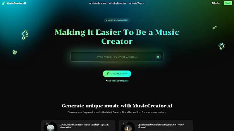 MusicCreator AI homepage with dark gradient background, large headline ‘Making It Easier To Be a Music Creator,’ search bar, and green ‘Create Music Now’ button.