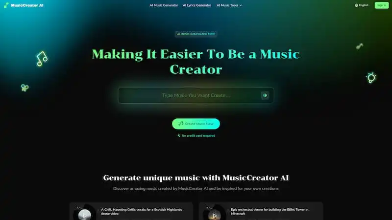 MusicCreator AI homepage with dark gradient background, large headline ‘Making It Easier To Be a Music Creator,’ search bar, and green ‘Create Music Now’ button.