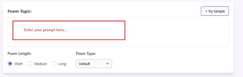 AI Poem Generator - enter your prompt interface