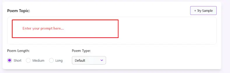 AI Poem Generator - enter your prompt interface