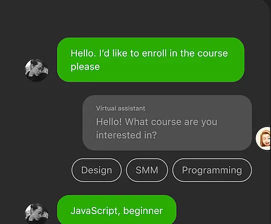  A user messages a virtual assistant asking to enroll in a course. The assistant replies with course options like Design, SMM, and Programming. The user selects "JavaScript, beginner.