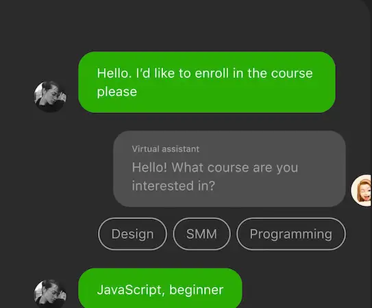  A user messages a virtual assistant asking to enroll in a course. The assistant replies with course options like Design, SMM, and Programming. The user selects "JavaScript, beginner.