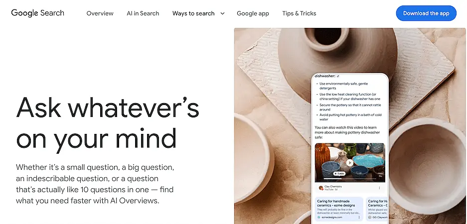 Google AI Overview interface encouraging users to ask complex questions. The screenshot shows summarized search results related to dishwasher care.