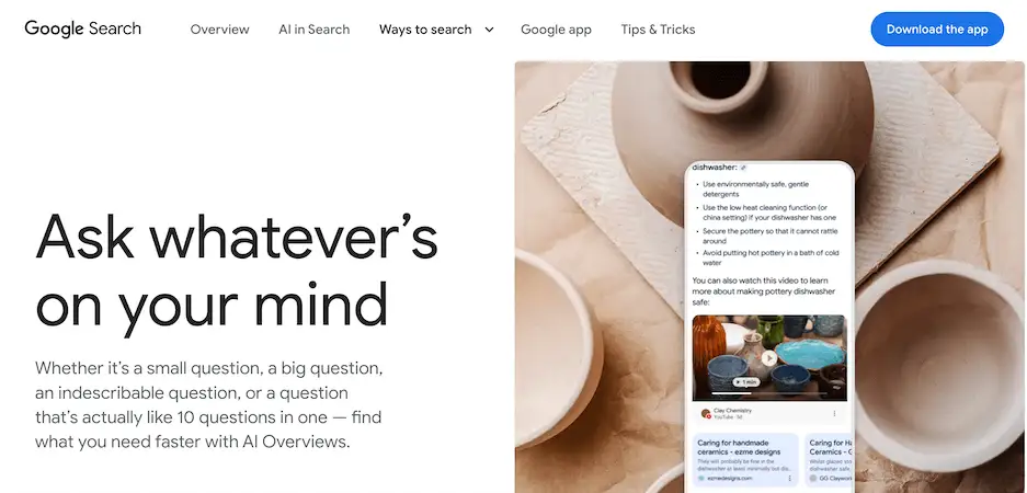 Google AI Overview interface encouraging users to ask complex questions. The screenshot shows summarized search results related to dishwasher care.