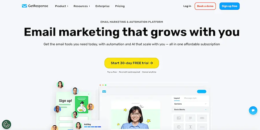 GetResponse home page. It's written "Email marketing that grows with you".