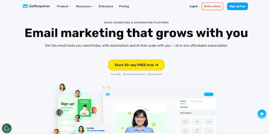 GetResponse home page. It's written "Email marketing that grows with you".