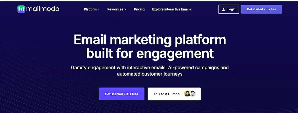 MailModo's page where it's written "Email marketing platform built for engagement. Gamify engagement with interactive email, AI-powered campaigns and automated customer journeys". 