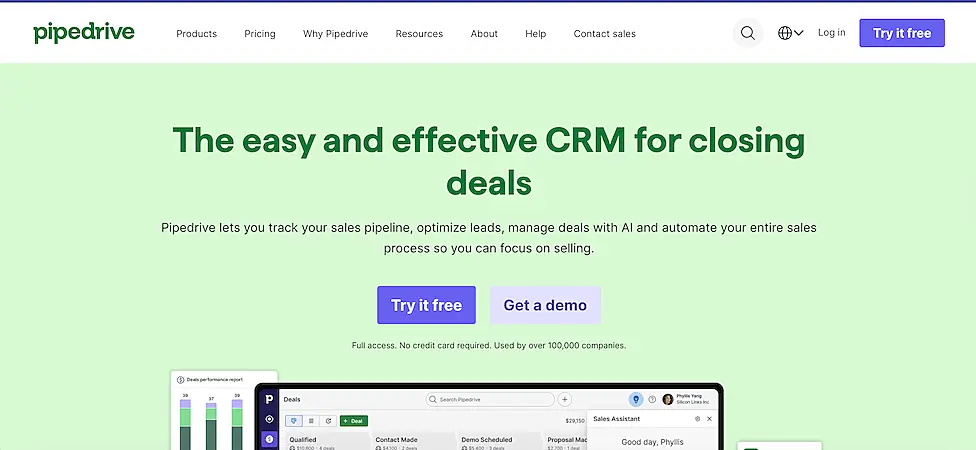 Pipedrive's page where it's written "the easy and effective CRM for closing deals".