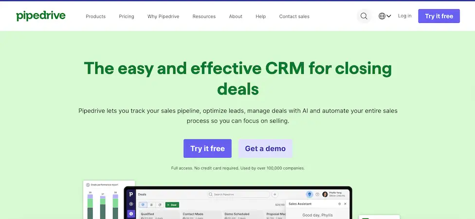 Pipedrive's page where it's written "the easy and effective CRM for closing deals".