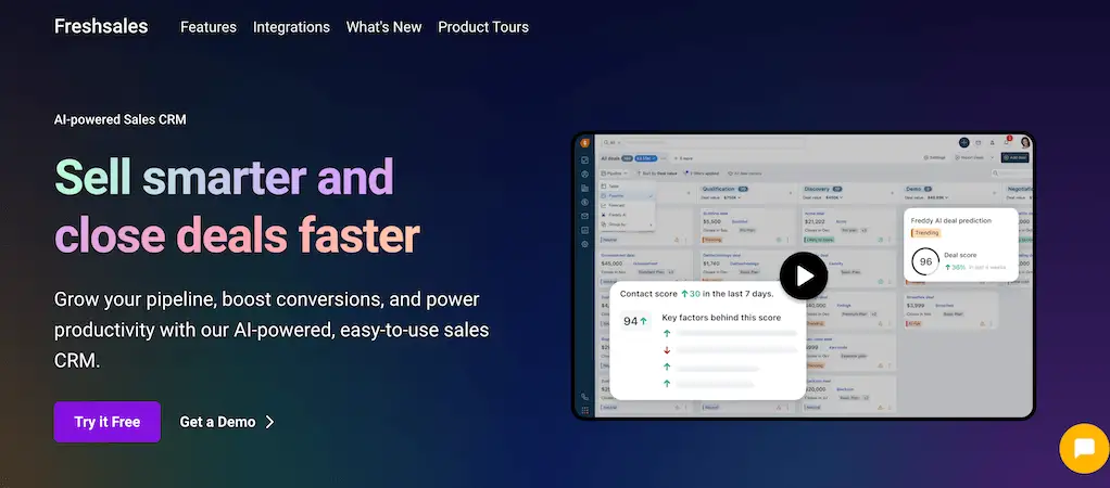Freshsales home page showing a demo of the CRM software. It's written "sell smarter and close deals faster".